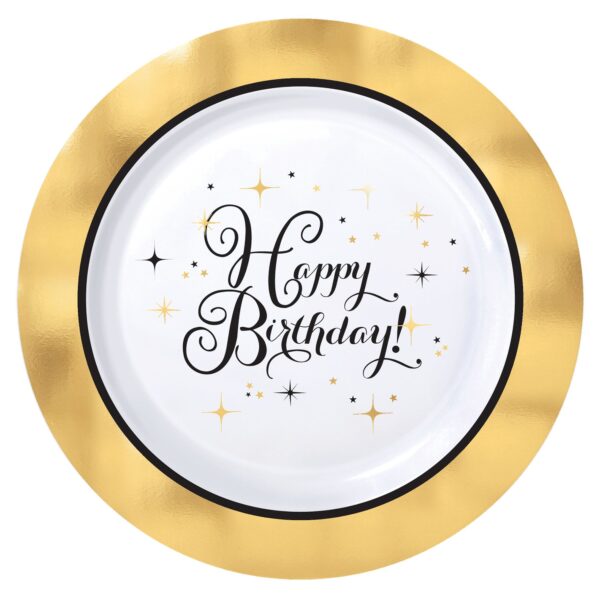 PREMIUM GOLD BIRTHDAY ROUND PLASTIC PLATES, 7 1/2", HOT-STAMPED