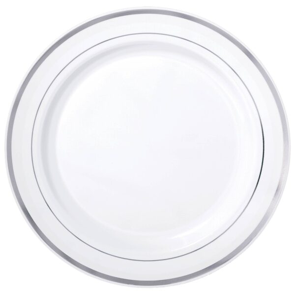 WHITE PREMIUM PLASTICAROUND PLATES WITH SILVER TRIM, TRIM, 10 1/4"